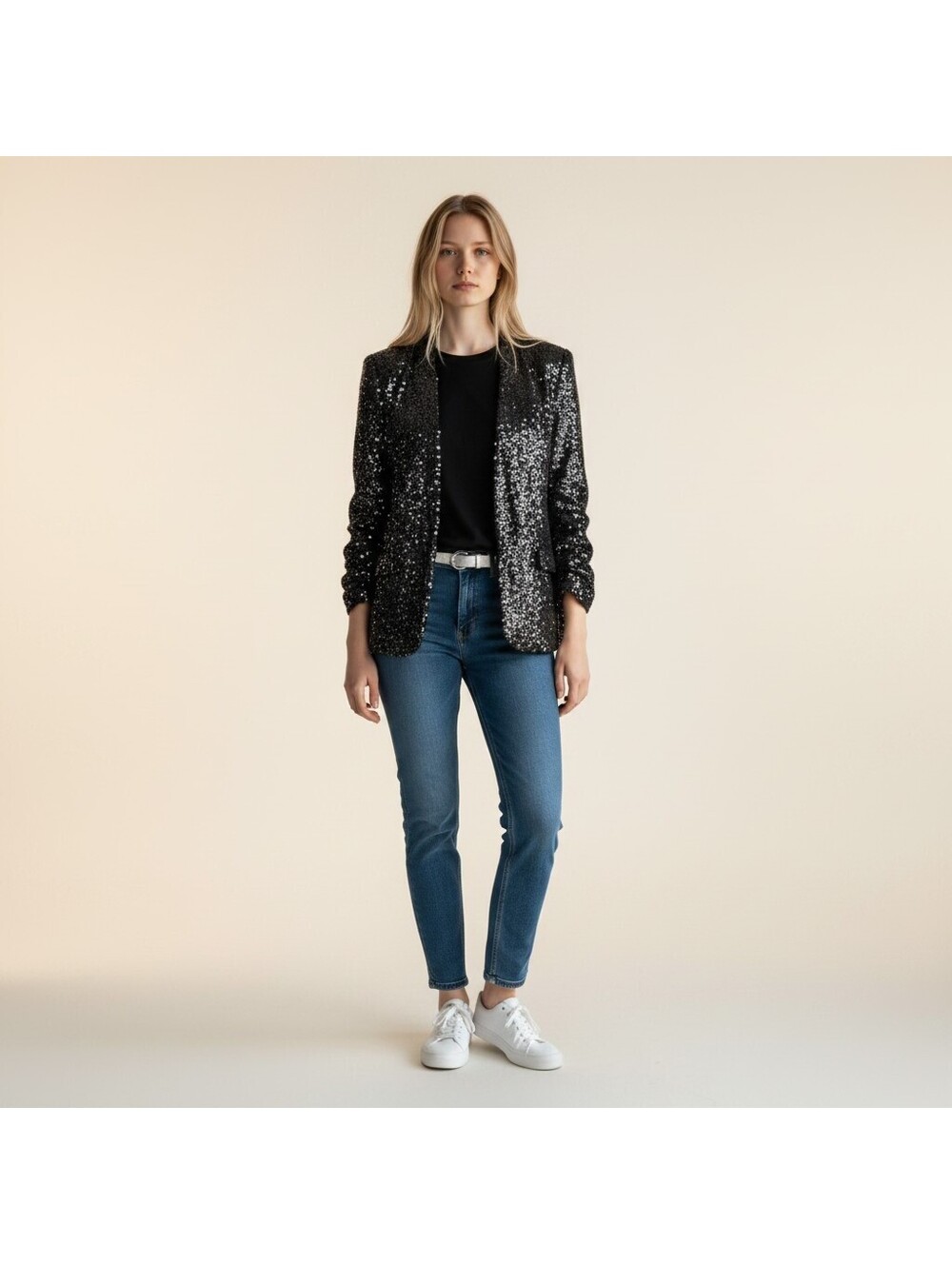 Generation Love Blazer Women L Large Black Open Front Long Sleeve Sequin Lined